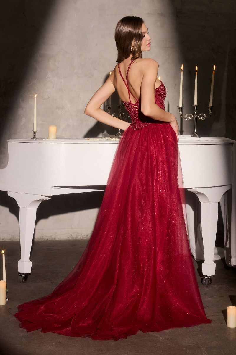 Fitted Dress Halter Neckline Crossover Beaded Bodice Sheer Corset Detachable Overskirt Train