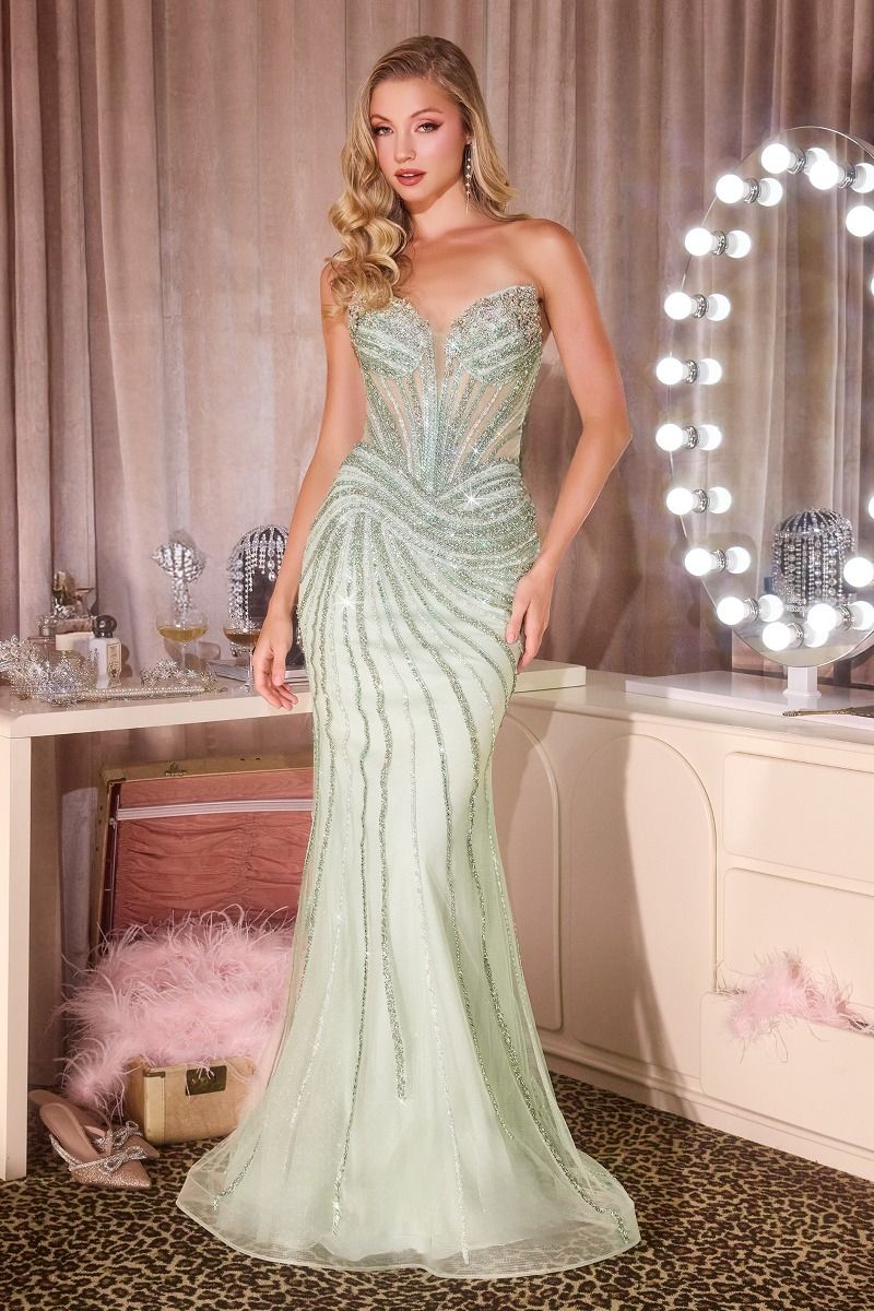 Fitted Dress Sweetheart Neckline Crystal Beaded Sheer Corset Bodice Sculpted Silhouette