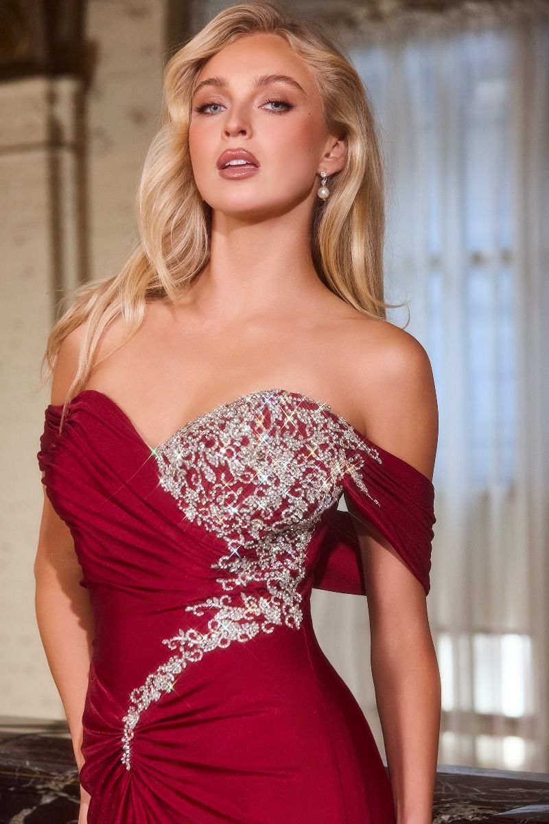 Off The Shoulder Stretch Saitn Gown w/ Ruched Design & Rhinestones Embellishments CDCD667