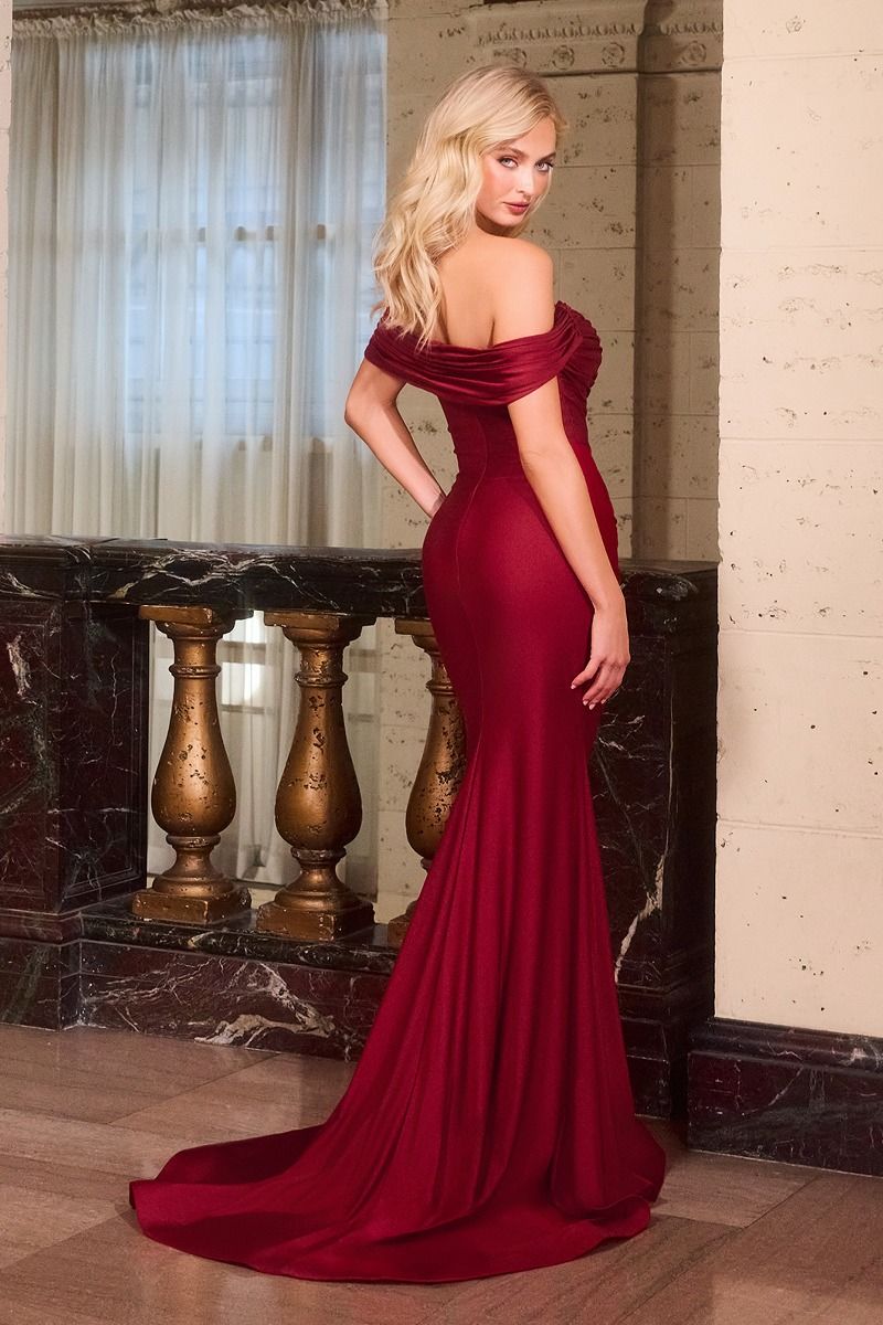 Off The Shoulder Stretch Saitn Gown w/ Ruched Design & Rhinestones Embellishments CDCD667
