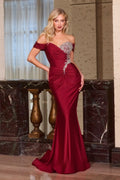 Off The Shoulder Stretch Saitn Gown w/ Ruched Design & Rhinestones Embellishments CDCD667