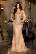 Fitted Gown Sheer Beaded Corset Fringe Sleeves Sequin Embellishment Sweeping Hem-0
