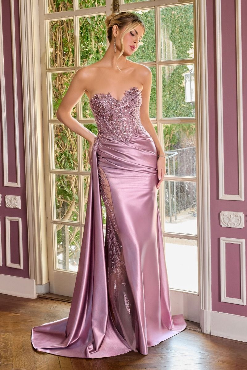 Sequins Embellished Long Graduation Gown w/ Corset Bodice & Side Drape