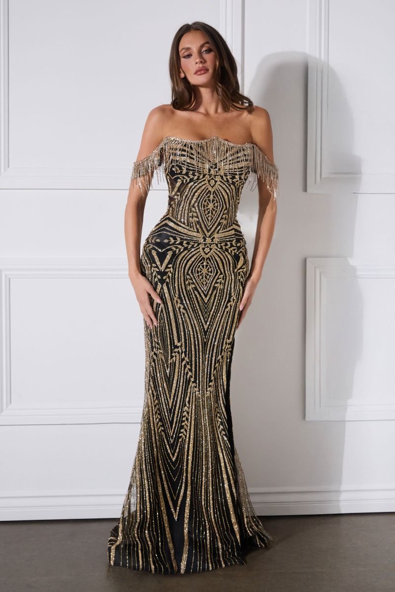 Off-Shoulder Beaded Gown with Crystal Fringe and Corset Back